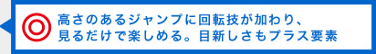 ◎高さのあるジャンプに回転技が加わり、見るだけで楽しめる。目新しさもプラス要素